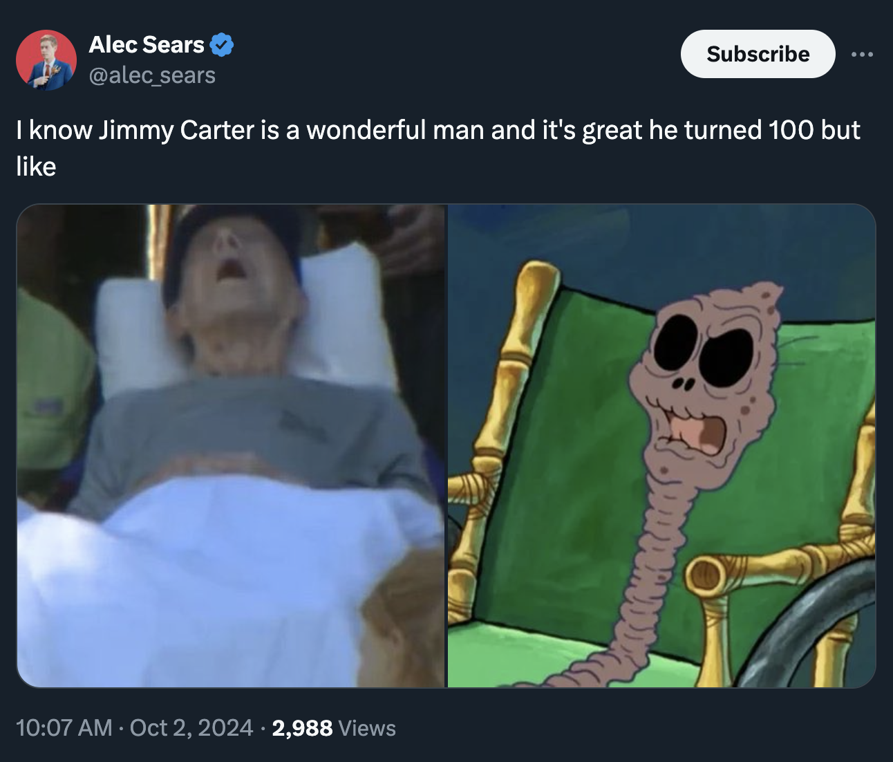 Alec Sears Subscribe I know Jimmy Carter is a wonderful man and it's great he turned 100 but 2,988 Views